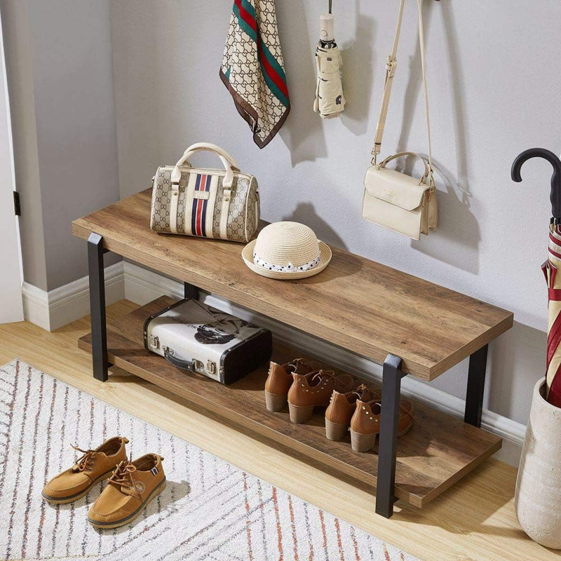 17 Stories Entryway Bench Industrial Shoe Bench For Living Room Rustic Indoor Shoe Storage Bench Seat Easy Assembly Oak 47 Inch Wayfair
